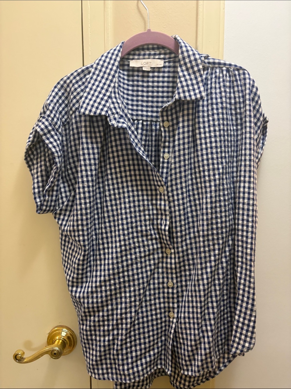 LOFT Navy & White Gingham Short-Sleeve Button Shirt